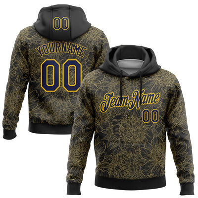 Custom Stitched Black Navy-Yellow 3D Pattern Design Golden Subtle Floral Sports Pullover Sweatshirt Hoodie
