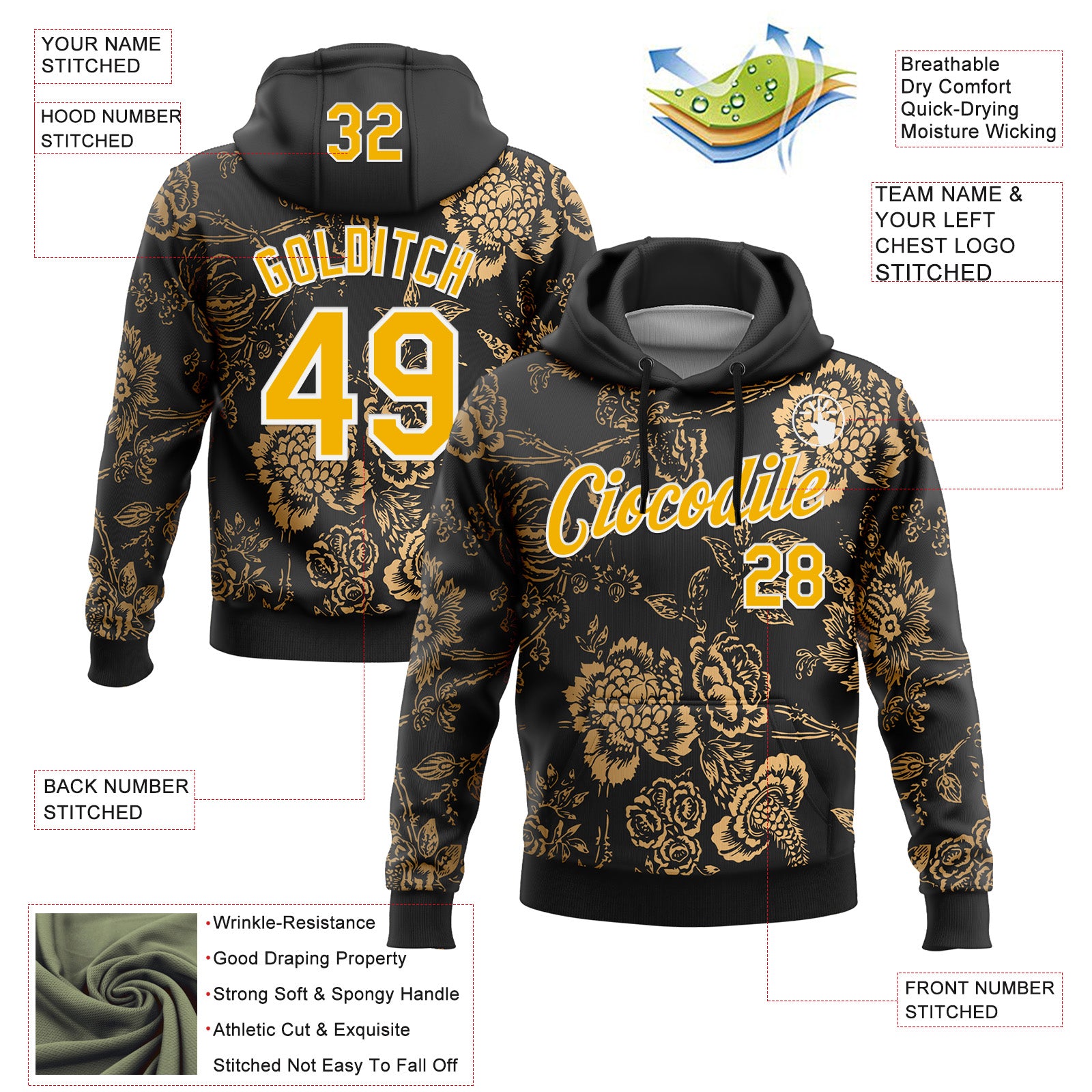 Custom Stitched Black Gold-White 3D Pattern Design Golden Subtle Floral Sports Pullover Sweatshirt Hoodie