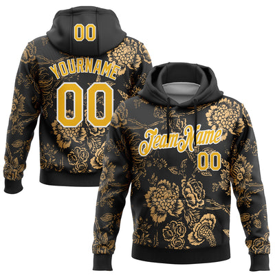Custom Stitched Black Gold-White 3D Pattern Design Golden Subtle Floral Sports Pullover Sweatshirt Hoodie