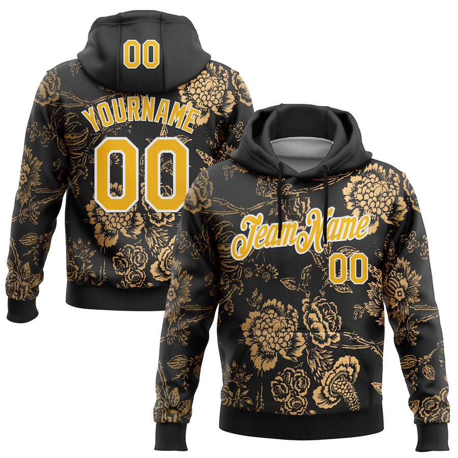 Custom Stitched Black Gold-White 3D Pattern Design Golden Subtle Floral Sports Pullover Sweatshirt Hoodie