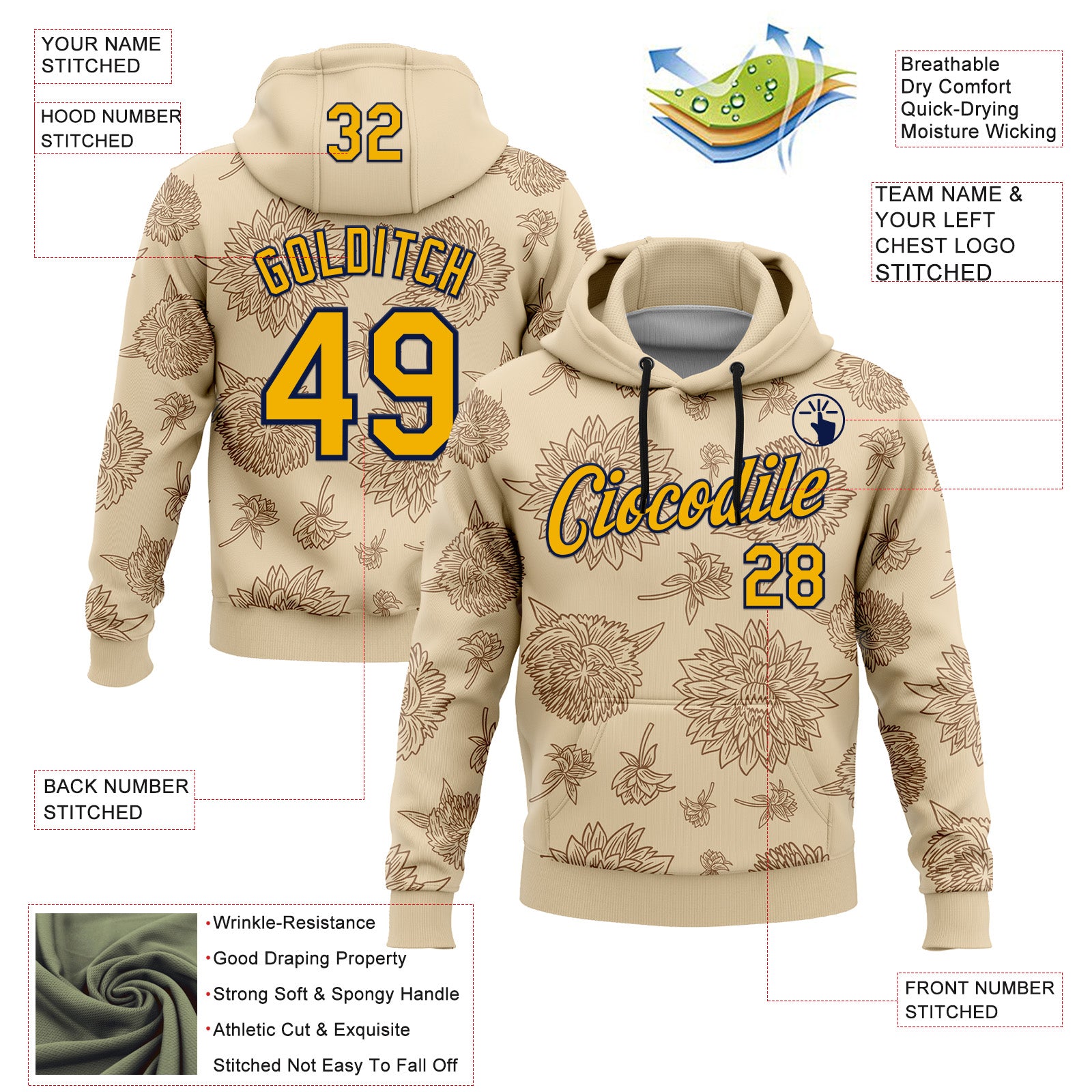 Custom Stitched City Cream Gold-Navy 3D Pattern Design Subtle Floral Sports Pullover Sweatshirt Hoodie