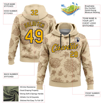 Custom Stitched City Cream Gold-Navy 3D Pattern Design Subtle Floral Sports Pullover Sweatshirt Hoodie