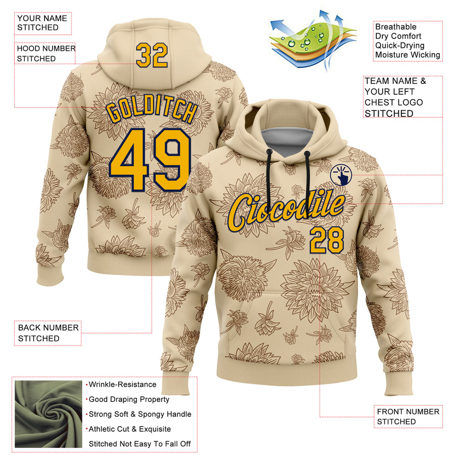 Custom Stitched City Cream Gold-Navy 3D Pattern Design Subtle Floral Sports Pullover Sweatshirt Hoodie