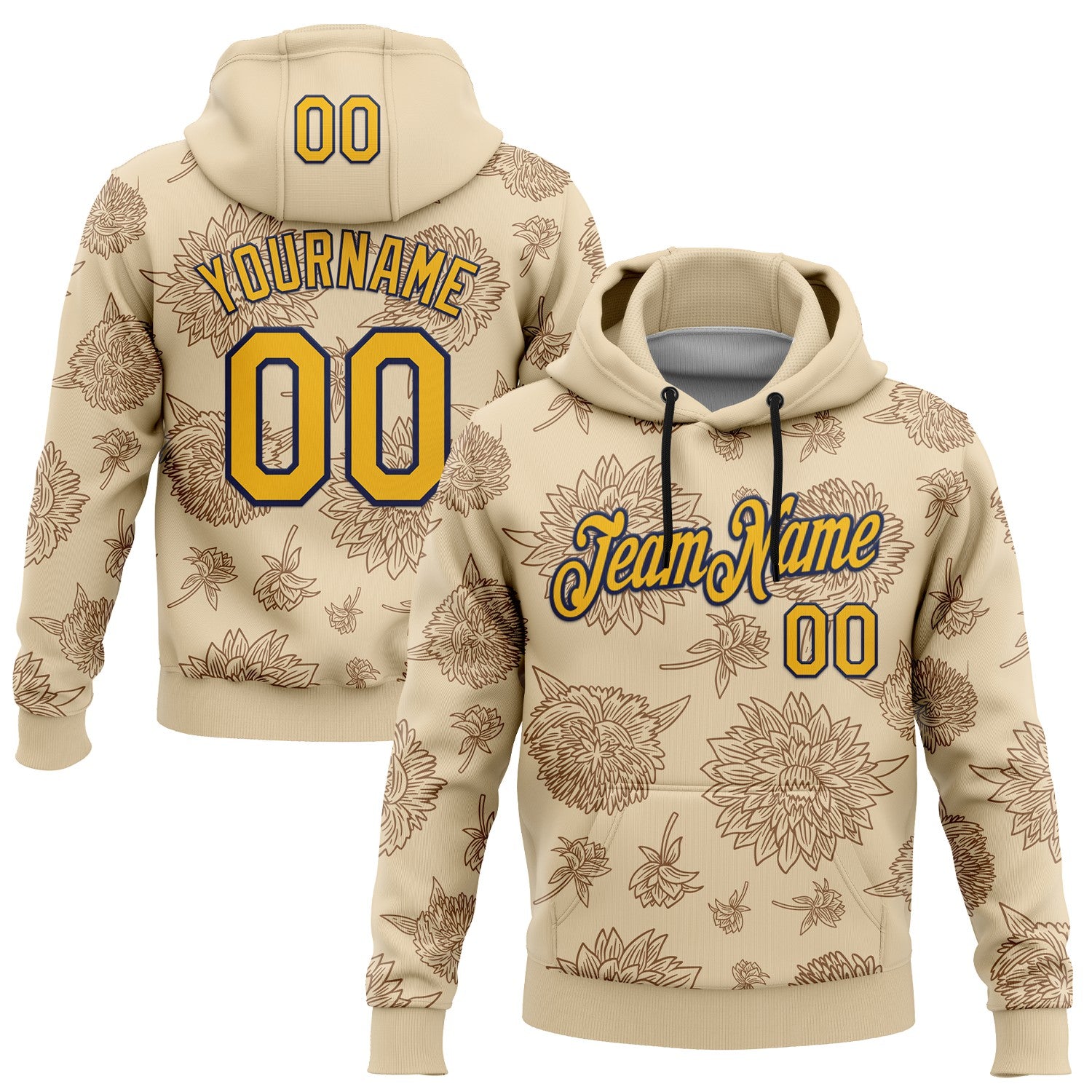 Custom Stitched City Cream Gold-Navy 3D Pattern Design Subtle Floral Sports Pullover Sweatshirt Hoodie