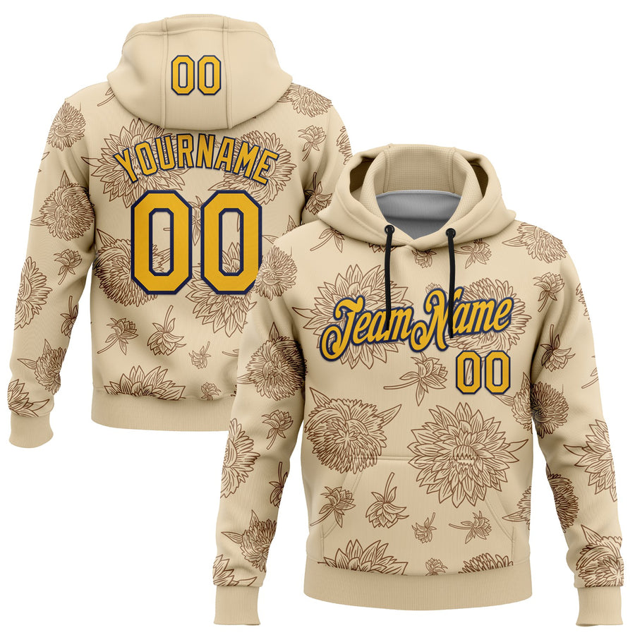 Custom Stitched City Cream Gold-Navy 3D Pattern Design Subtle Floral Sports Pullover Sweatshirt Hoodie