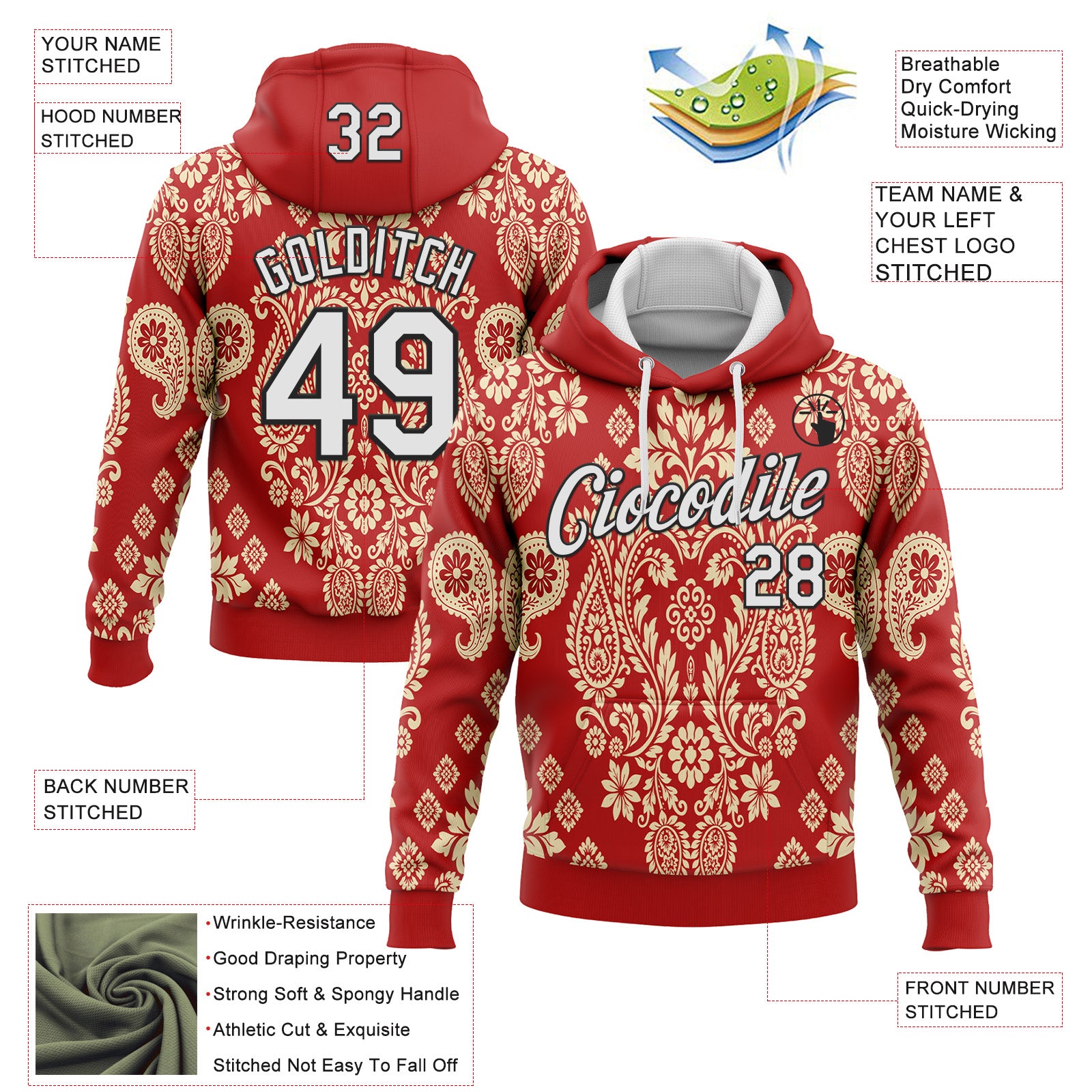 Custom Stitched Red White Cream-Black 3D Pattern Design Ethnic Paisley Floral Bandana Sports Pullover Sweatshirt Hoodie