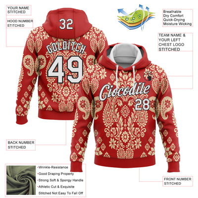 Custom Stitched Red White Cream-Black 3D Pattern Design Ethnic Paisley Floral Bandana Sports Pullover Sweatshirt Hoodie
