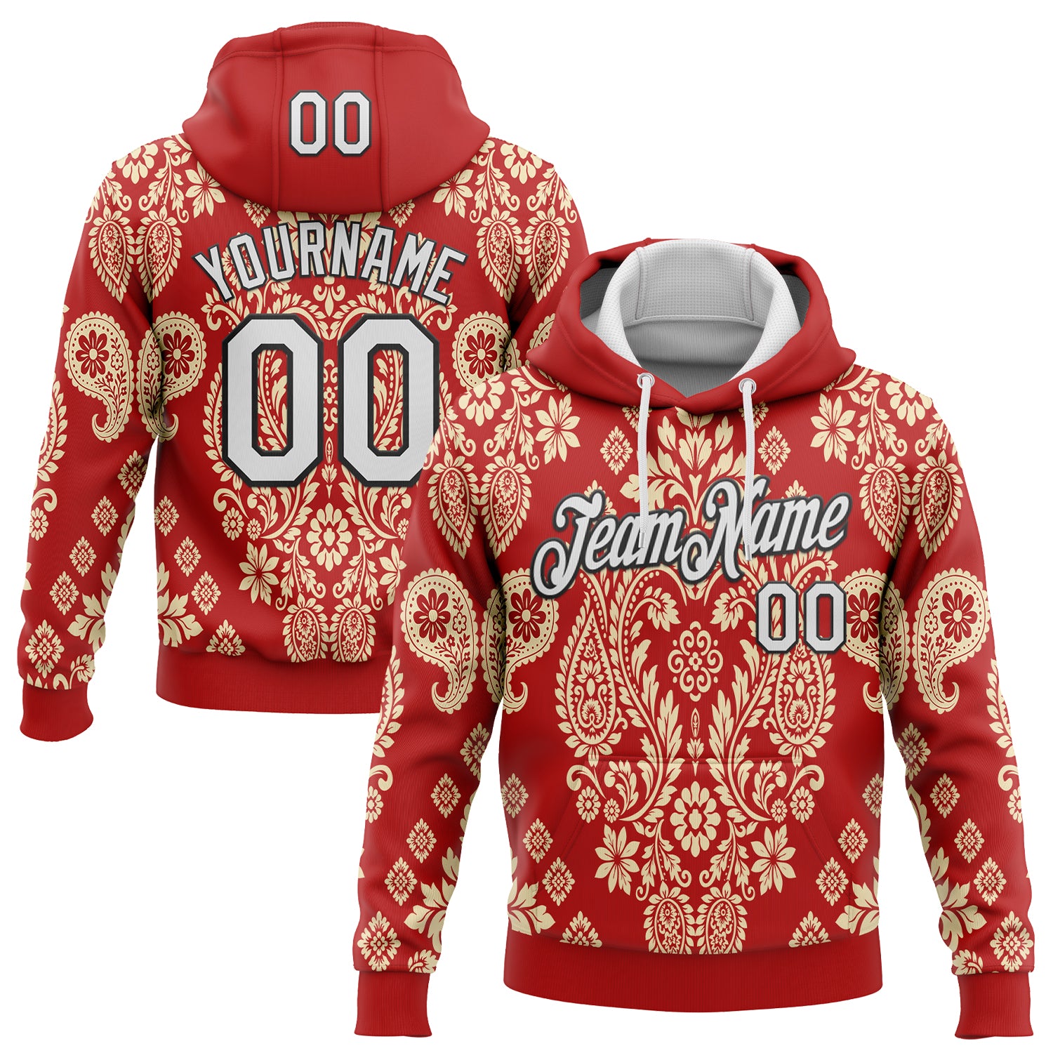 Custom Stitched Red White Cream-Black 3D Pattern Design Ethnic Paisley Floral Bandana Sports Pullover Sweatshirt Hoodie