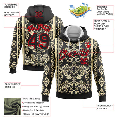 Custom Stitched Black Cream-Fire Red 3D Pattern Design Ethnic Paisley Floral Bandana Sports Pullover Sweatshirt Hoodie