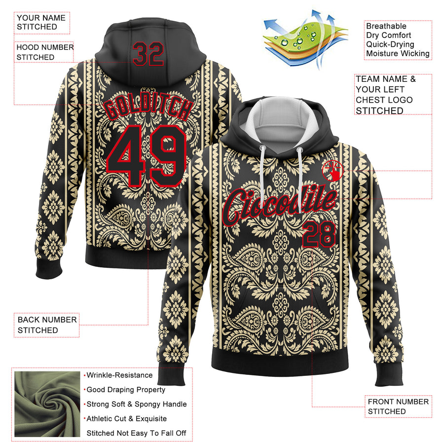 Custom Stitched Black Cream-Fire Red 3D Pattern Design Ethnic Paisley Floral Bandana Sports Pullover Sweatshirt Hoodie