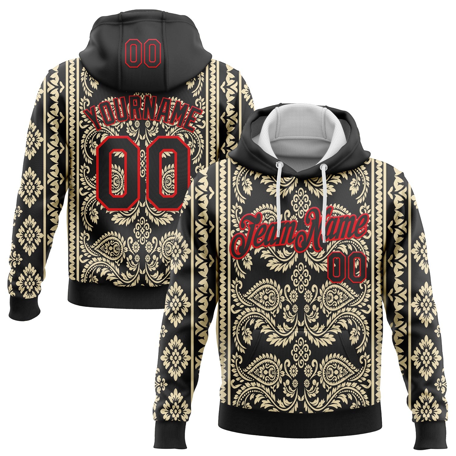 Custom Stitched Black Cream-Fire Red 3D Pattern Design Ethnic Paisley Floral Bandana Sports Pullover Sweatshirt Hoodie