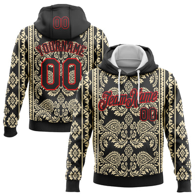 Custom Stitched Black Cream-Fire Red 3D Pattern Design Ethnic Paisley Floral Bandana Sports Pullover Sweatshirt Hoodie
