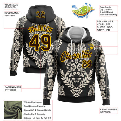 Custom Stitched Black Brown Cream-Yellow 3D Pattern Design Ethnic Paisley Floral Bandana Sports Pullover Sweatshirt Hoodie