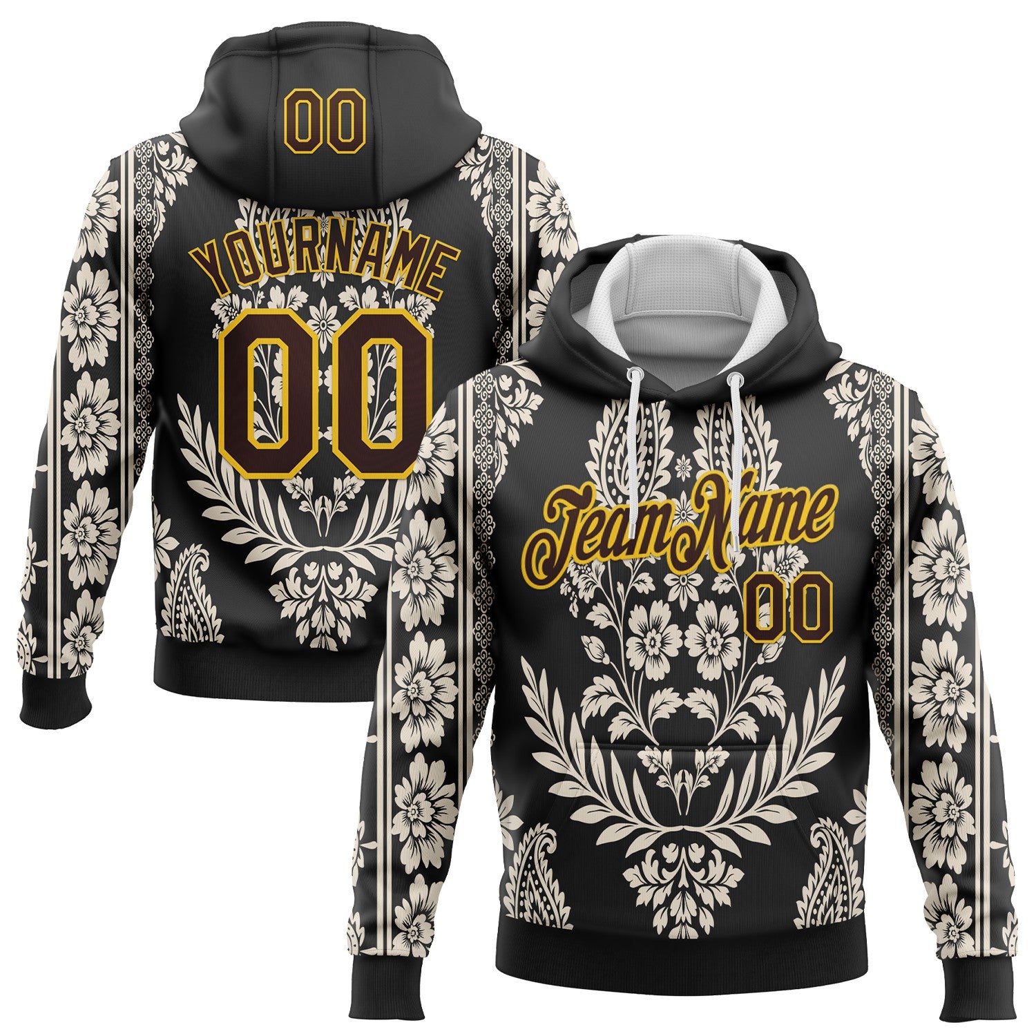 Custom Stitched Black Brown Cream-Yellow 3D Pattern Design Ethnic Paisley Floral Bandana Sports Pullover Sweatshirt Hoodie