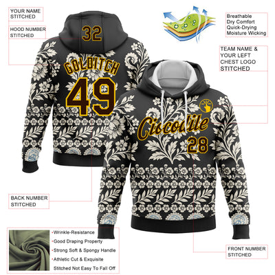 Custom Stitched Black Brown Cream-Yellow 3D Pattern Design Ethnic Paisley Floral Bandana Sports Pullover Sweatshirt Hoodie