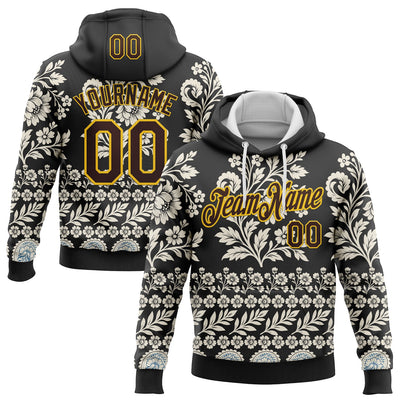 Custom Stitched Black Brown Cream-Yellow 3D Pattern Design Ethnic Paisley Floral Bandana Sports Pullover Sweatshirt Hoodie
