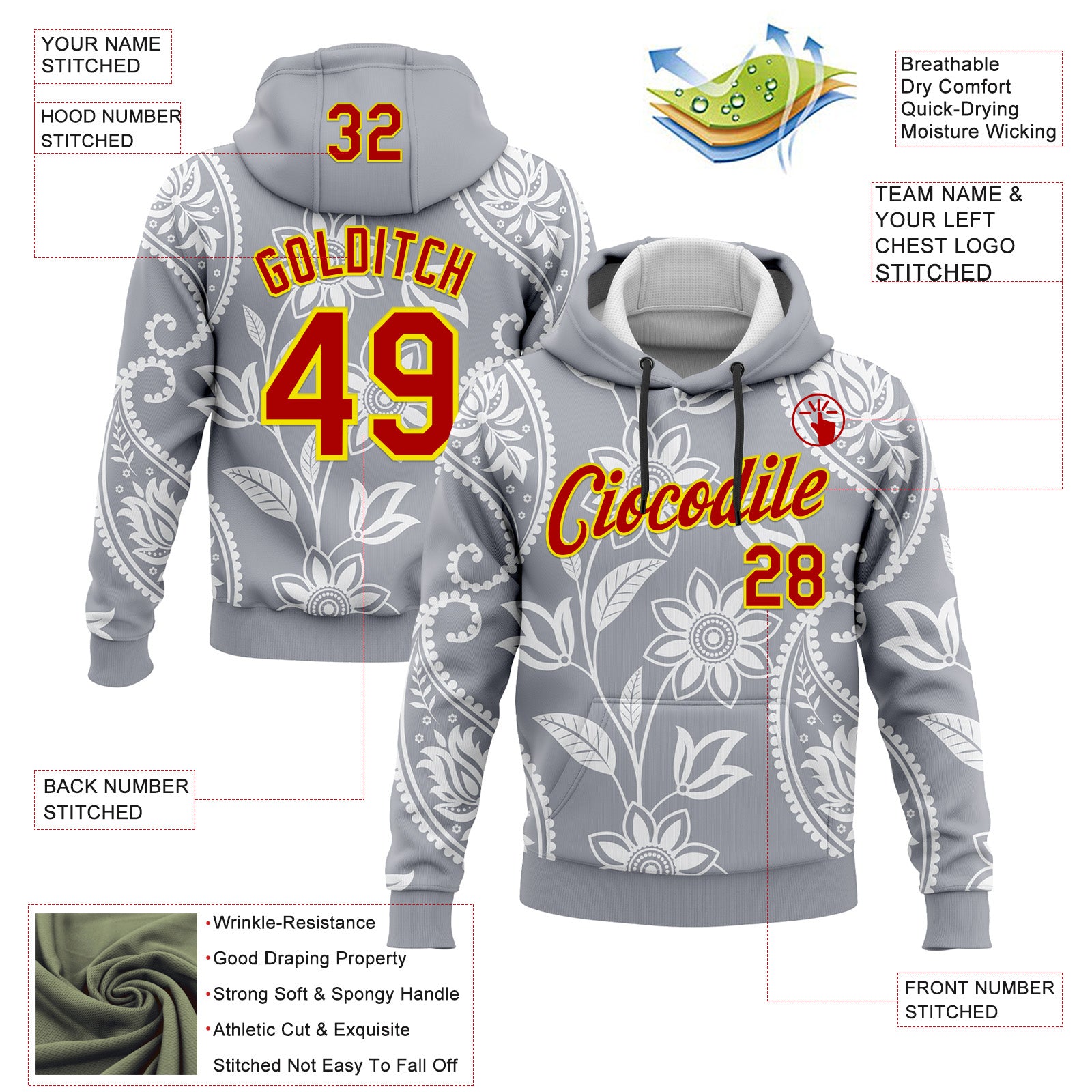 Custom Stitched Gray Red-Light Yellow 3D Pattern Design Ethnic Paisley Floral Bandana Sports Pullover Sweatshirt Hoodie