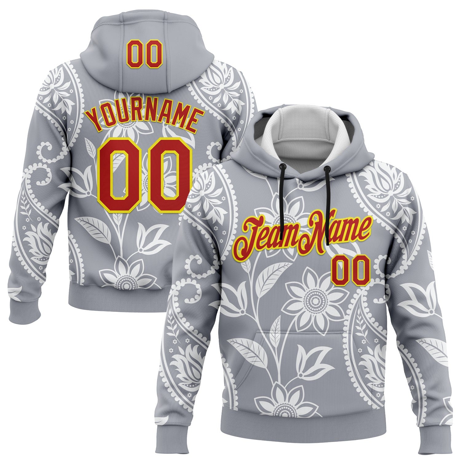 Custom Stitched Gray Red-Light Yellow 3D Pattern Design Ethnic Paisley Floral Bandana Sports Pullover Sweatshirt Hoodie