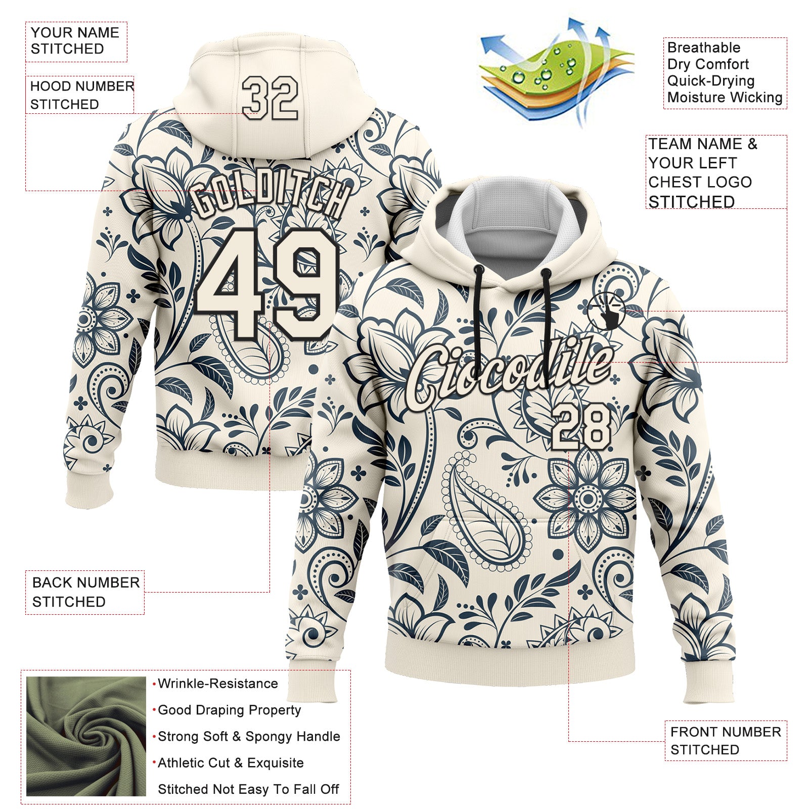 Custom Stitched Cream Black 3D Pattern Design Ethnic Paisley Floral Bandana Sports Pullover Sweatshirt Hoodie