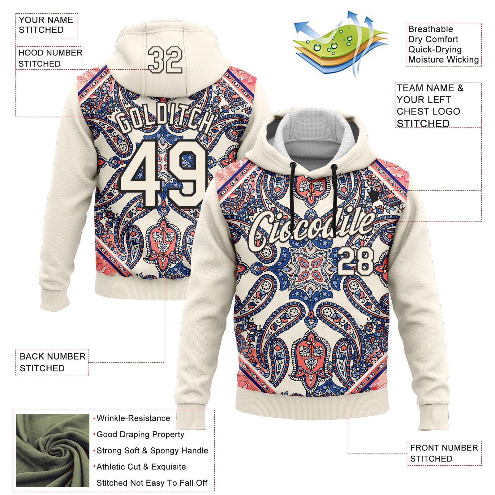 Custom Stitched Cream Black 3D Pattern Design Ethnic Paisley Floral Bandana Sports Pullover Sweatshirt Hoodie