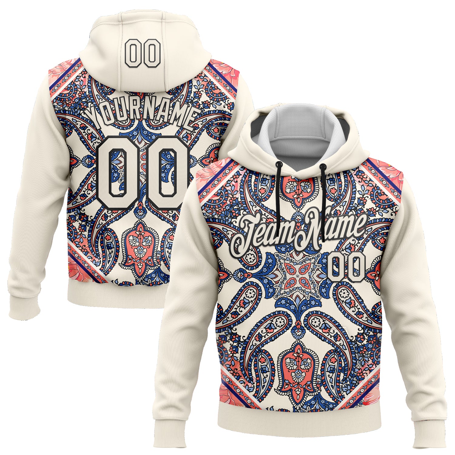 Custom Stitched Cream Black 3D Pattern Design Ethnic Paisley Floral Bandana Sports Pullover Sweatshirt Hoodie