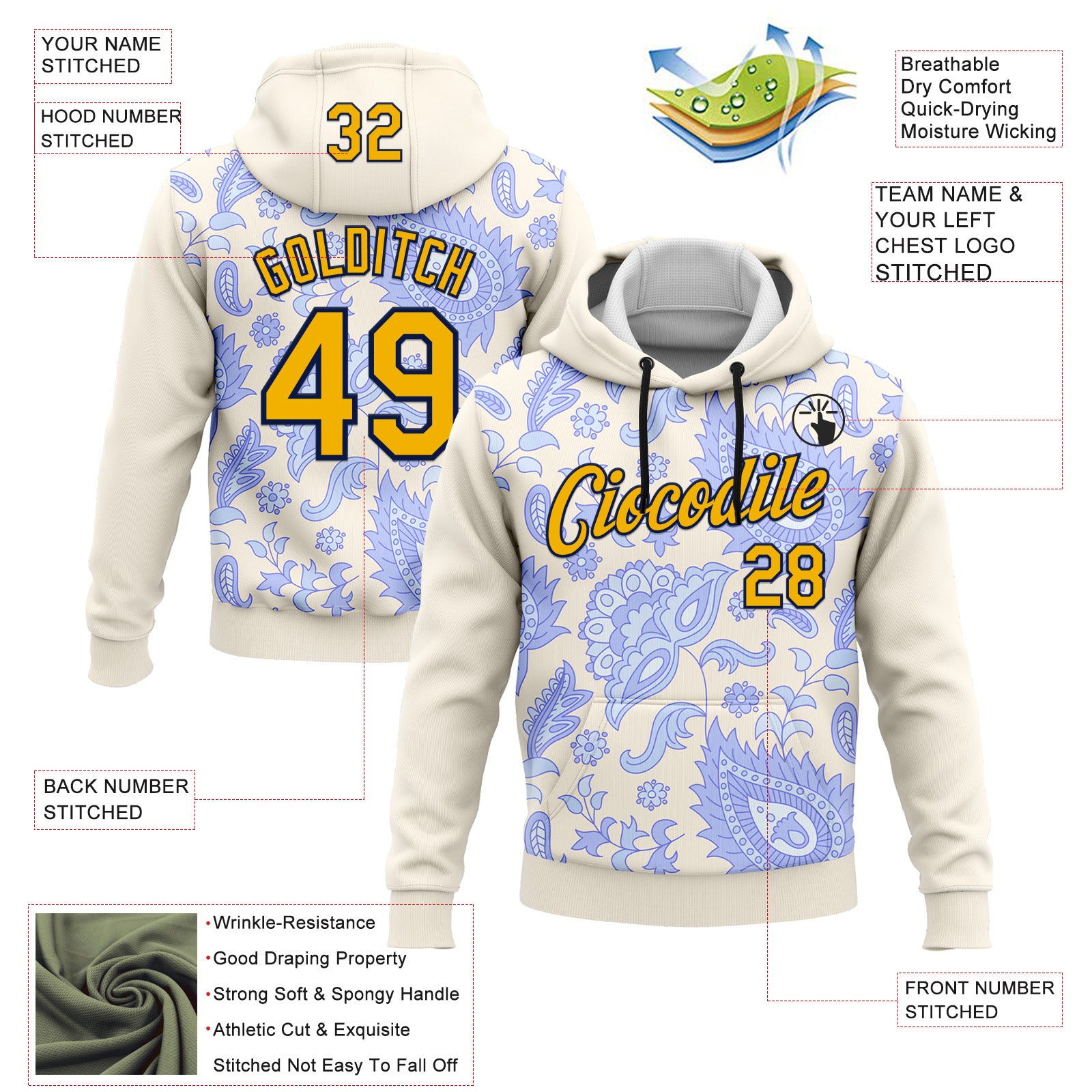 Custom Stitched Cream Gold-Navy 3D Pattern Design Ethnic Paisley Floral Bandana Sports Pullover Sweatshirt Hoodie