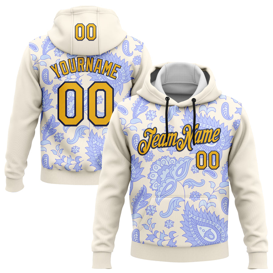 Custom Stitched Cream Gold-Navy 3D Pattern Design Ethnic Paisley Floral Bandana Sports Pullover Sweatshirt Hoodie
