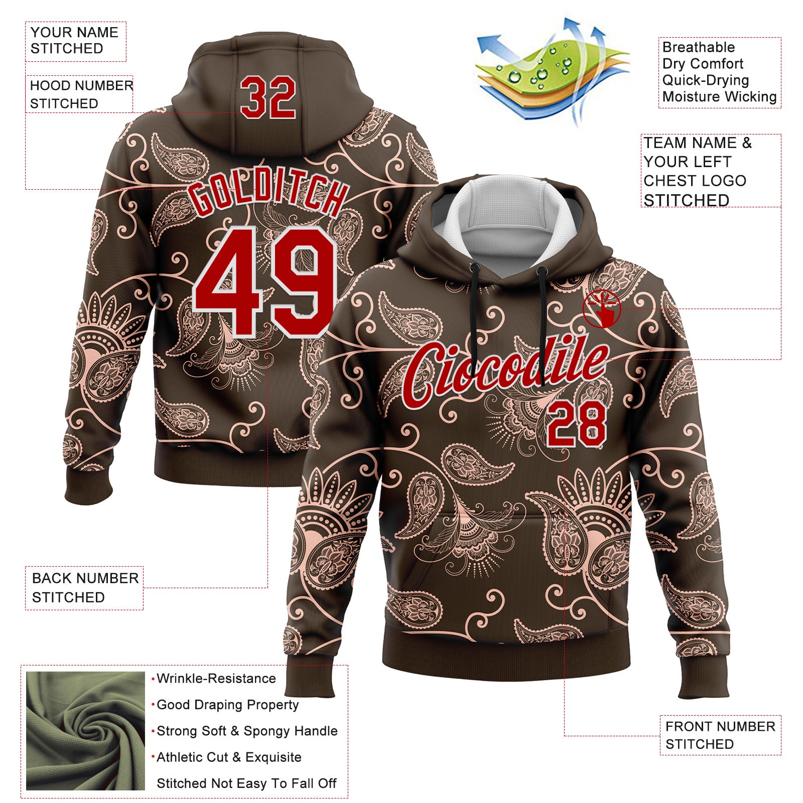Custom Stitched Brown Red-White 3D Pattern Design Ethnic Paisley Floral Bandana Sports Pullover Sweatshirt Hoodie