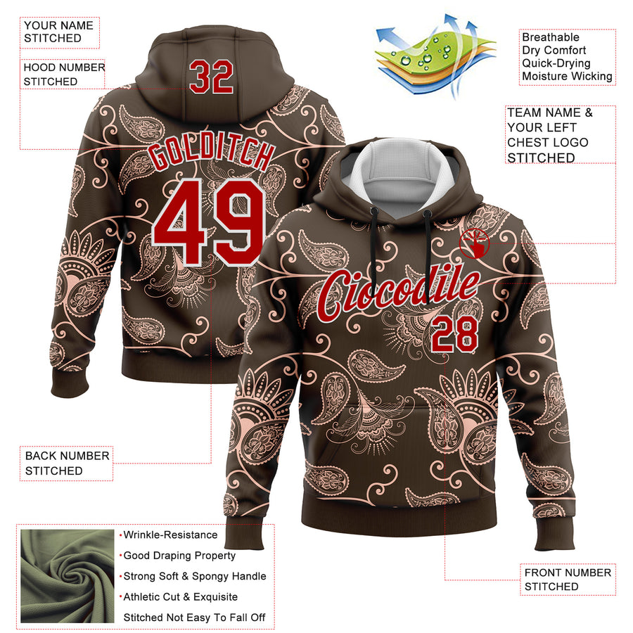 Custom Stitched Brown Red-White 3D Pattern Design Ethnic Paisley Floral Bandana Sports Pullover Sweatshirt Hoodie