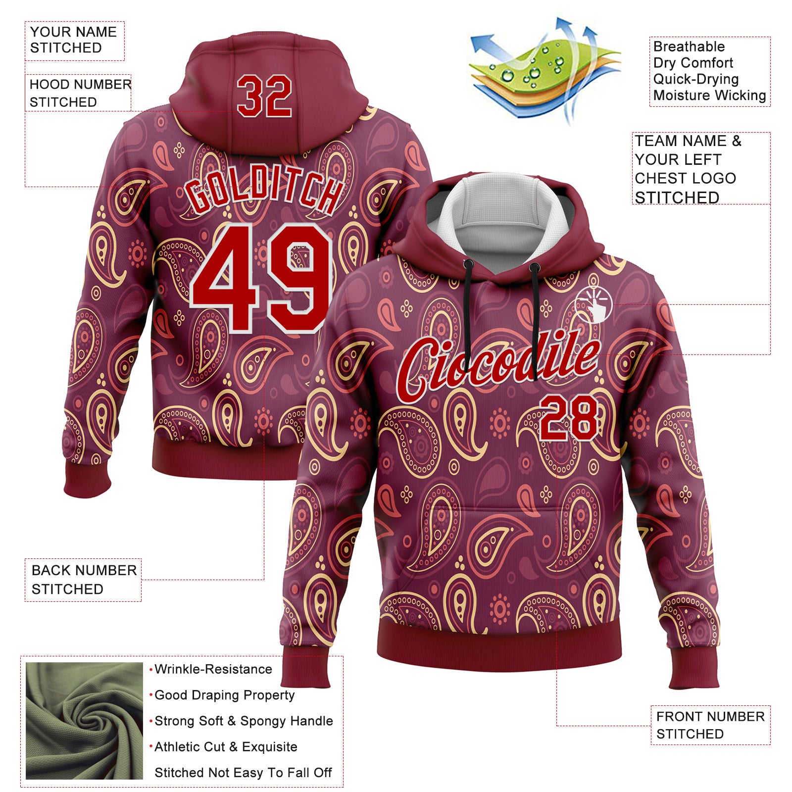 Custom Stitched Crimson Red-White 3D Pattern Design Ethnic Paisley Floral Bandana Sports Pullover Sweatshirt Hoodie