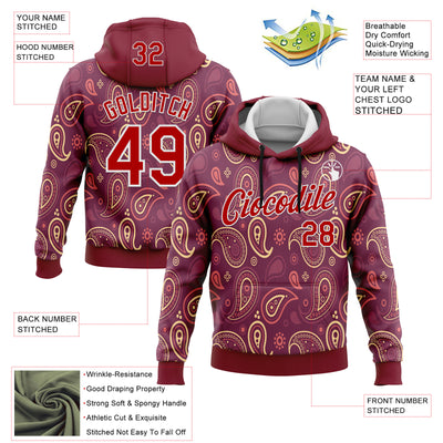 Custom Stitched Crimson Red-White 3D Pattern Design Ethnic Paisley Floral Bandana Sports Pullover Sweatshirt Hoodie