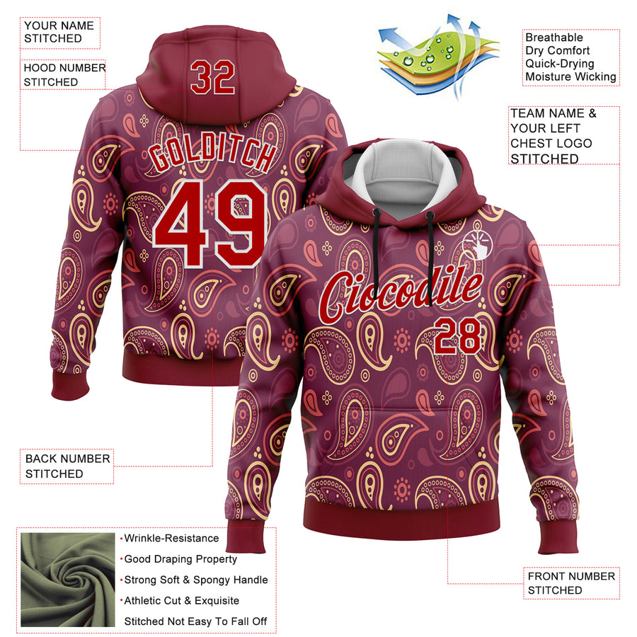 Custom Stitched Crimson Red-White 3D Pattern Design Ethnic Paisley Floral Bandana Sports Pullover Sweatshirt Hoodie