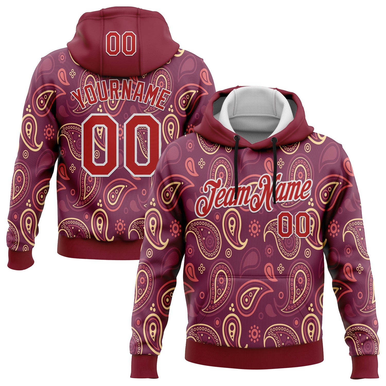 Custom Stitched Crimson Red-White 3D Pattern Design Ethnic Paisley Floral Bandana Sports Pullover Sweatshirt Hoodie