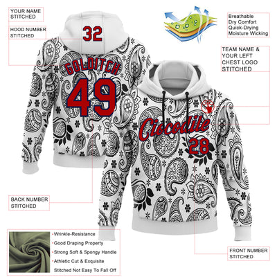 Custom Stitched White Red-Navy 3D Pattern Design Ethnic Paisley Floral Bandana Sports Pullover Sweatshirt Hoodie
