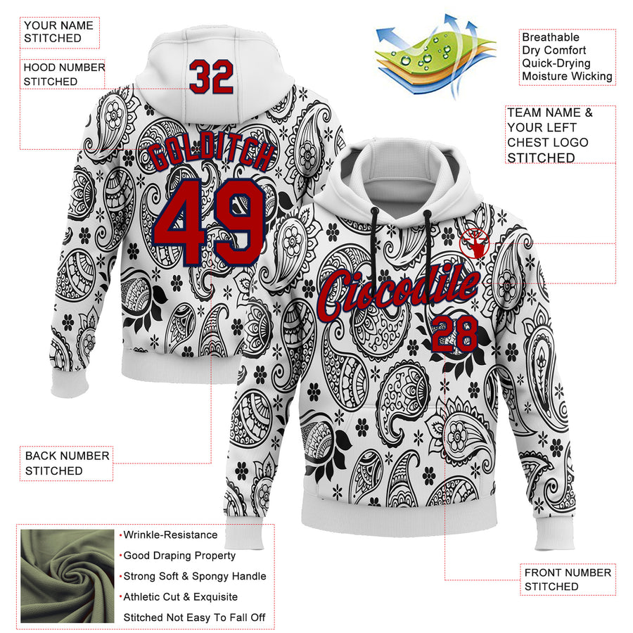 Custom Stitched White Red-Navy 3D Pattern Design Ethnic Paisley Floral Bandana Sports Pullover Sweatshirt Hoodie