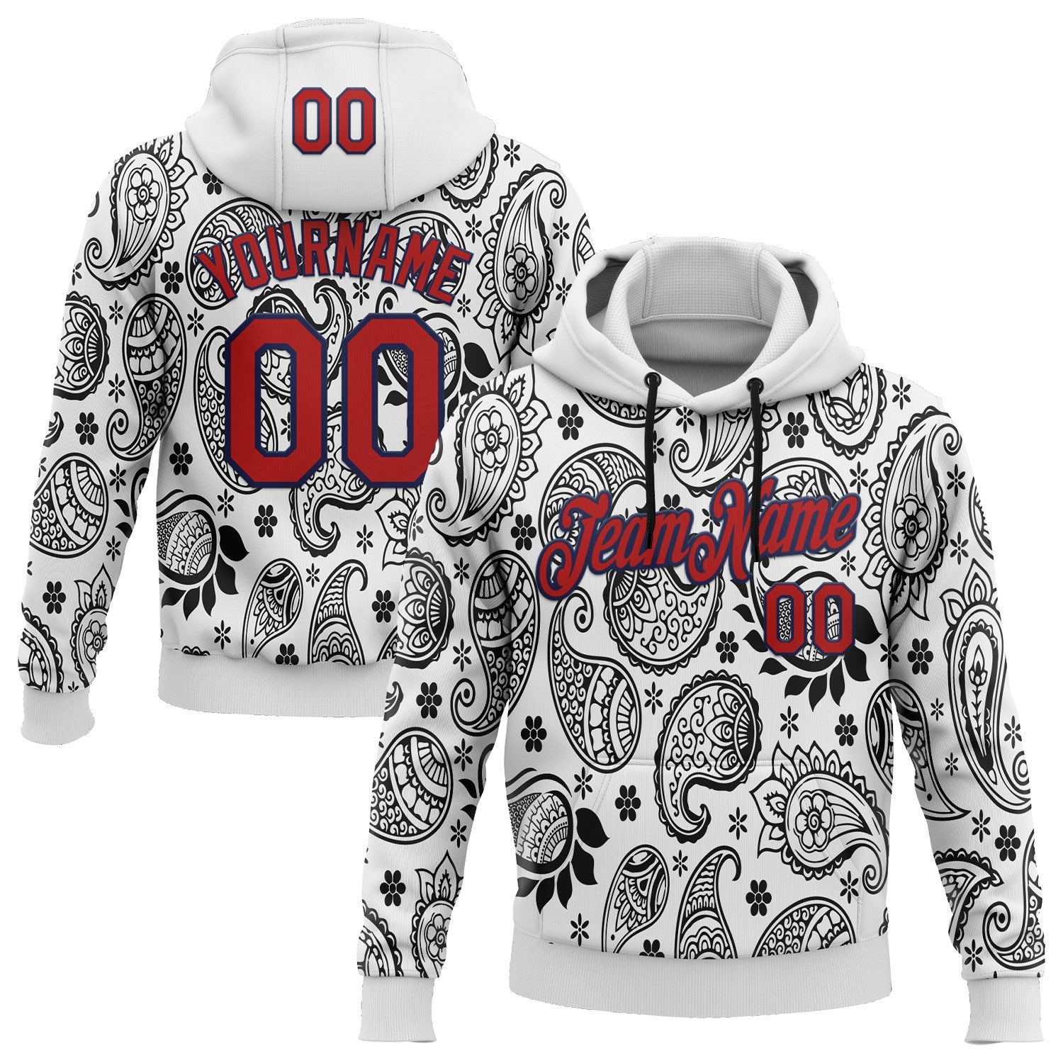 Custom Stitched White Red-Navy 3D Pattern Design Ethnic Paisley Floral Bandana Sports Pullover Sweatshirt Hoodie