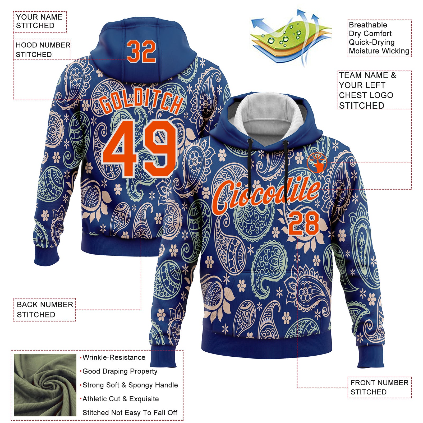Custom Stitched US Navy Blue Orange-White 3D Pattern Design Ethnic Paisley Floral Bandana Sports Pullover Sweatshirt Hoodie