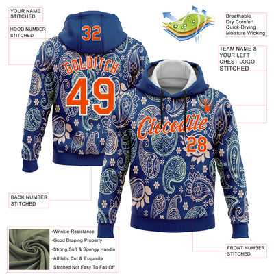 Custom Stitched US Navy Blue Orange-White 3D Pattern Design Ethnic Paisley Floral Bandana Sports Pullover Sweatshirt Hoodie