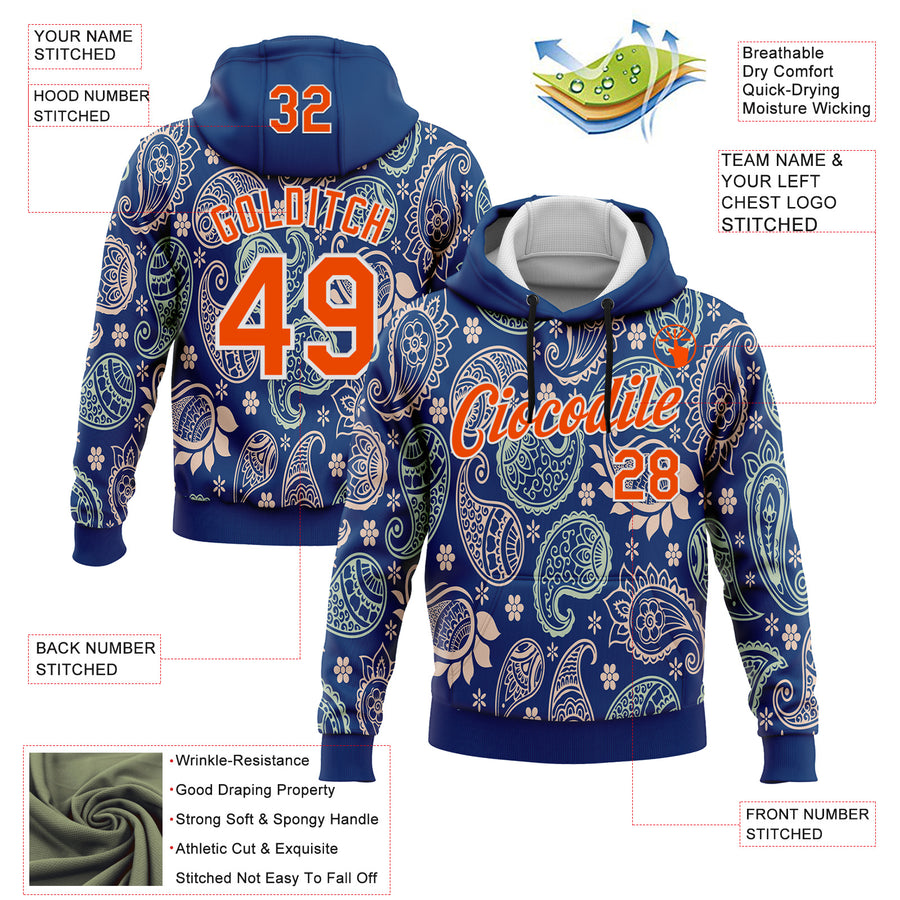 Custom Stitched US Navy Blue Orange-White 3D Pattern Design Ethnic Paisley Floral Bandana Sports Pullover Sweatshirt Hoodie