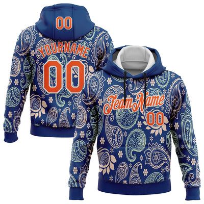 Custom Stitched US Navy Blue Orange-White 3D Pattern Design Ethnic Paisley Floral Bandana Sports Pullover Sweatshirt Hoodie