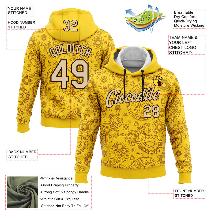 Custom Stitched Yellow City Cream-Brown 3D Pattern Design Ethnic Paisley Floral Bandana Sports Pullover Sweatshirt Hoodie