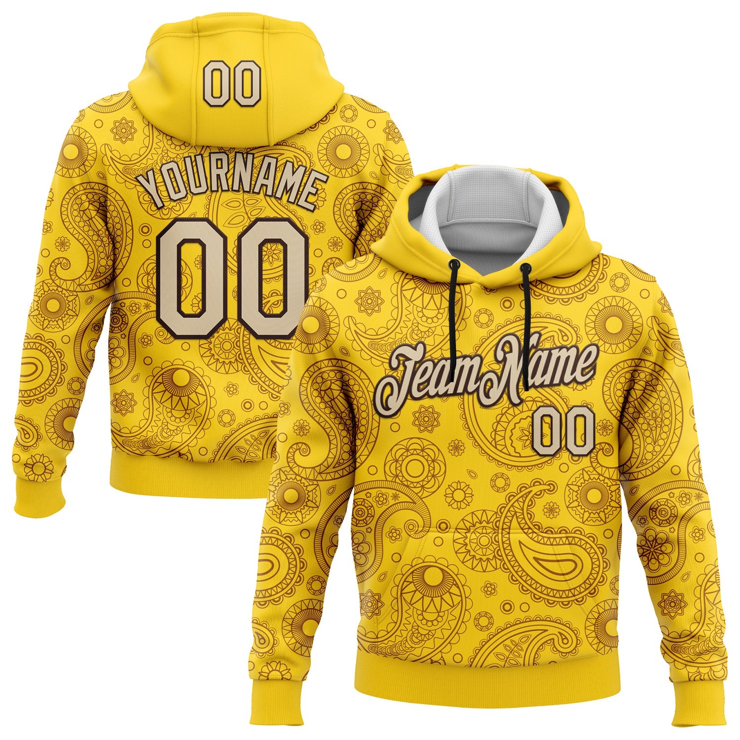 Custom Stitched Yellow City Cream-Brown 3D Pattern Design Ethnic Paisley Floral Bandana Sports Pullover Sweatshirt Hoodie