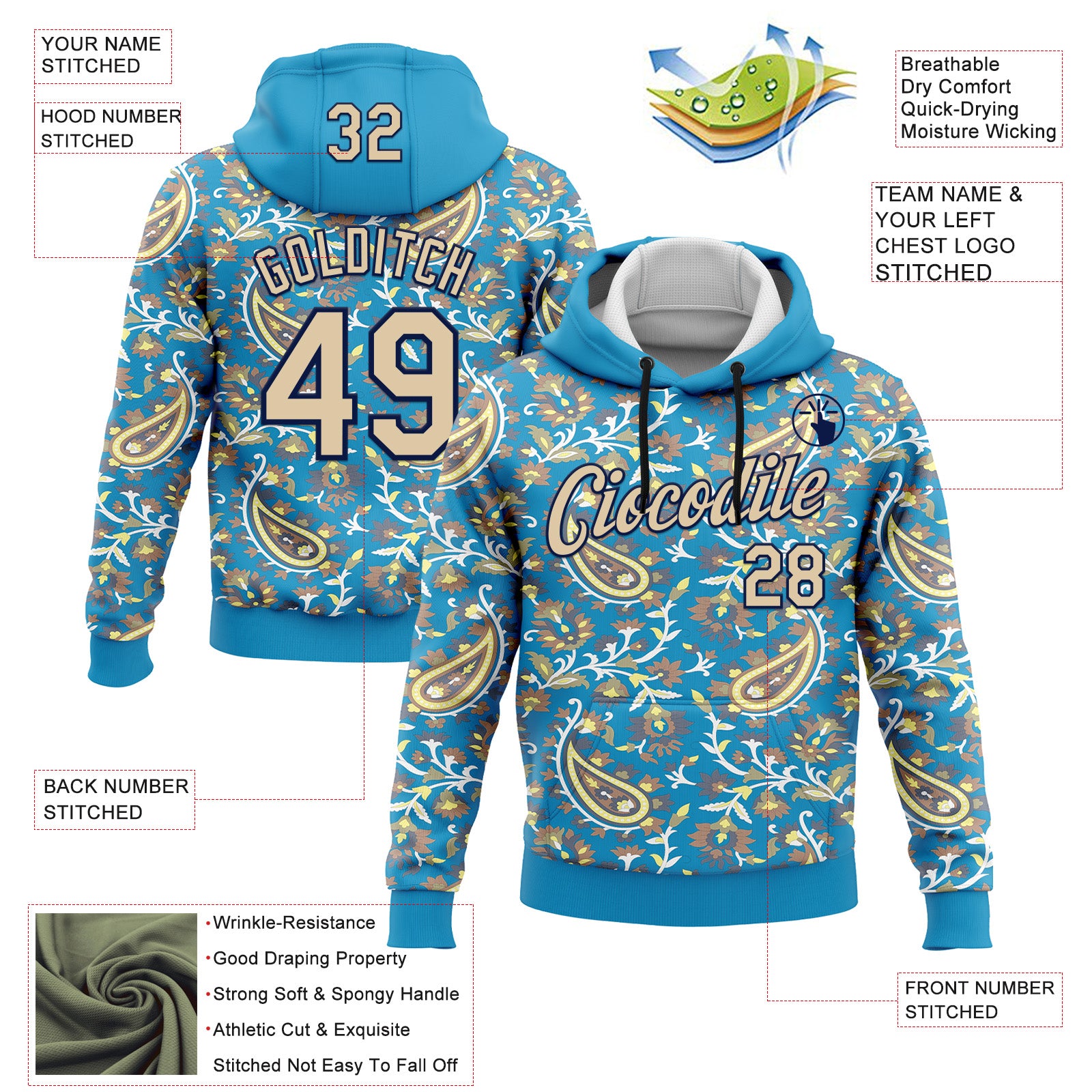 Custom Stitched Panther Blue City Cream-Brown 3D Pattern Design Ethnic Paisley Floral Bandana Sports Pullover Sweatshirt Hoodie