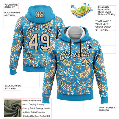 Custom Stitched Panther Blue City Cream-Brown 3D Pattern Design Ethnic Paisley Floral Bandana Sports Pullover Sweatshirt Hoodie