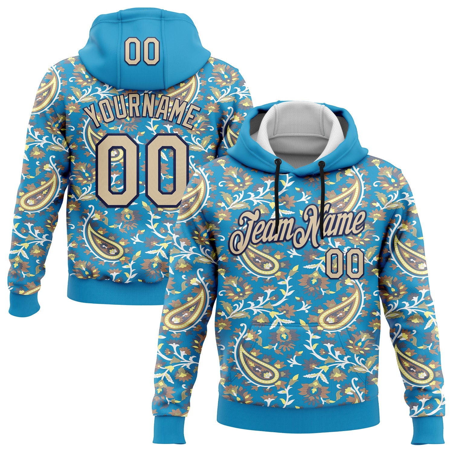 Custom Stitched Panther Blue City Cream-Brown 3D Pattern Design Ethnic Paisley Floral Bandana Sports Pullover Sweatshirt Hoodie