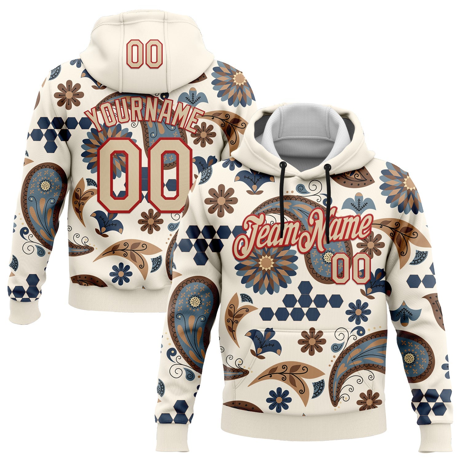 Custom Stitched Cream City Cream-Red 3D Pattern Design Ethnic Paisley Floral Bandana Sports Pullover Sweatshirt Hoodie