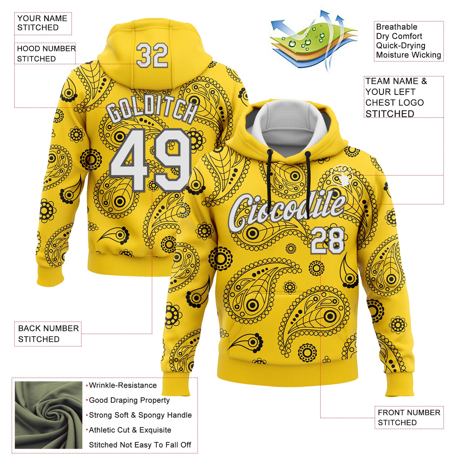 Custom Stitched Yellow White-Steel Gray 3D Pattern Design Ethnic Paisley Floral Bandana Sports Pullover Sweatshirt Hoodie