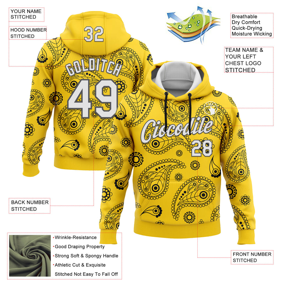 Custom Stitched Yellow White-Steel Gray 3D Pattern Design Ethnic Paisley Floral Bandana Sports Pullover Sweatshirt Hoodie