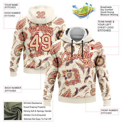 Custom Stitched Cream City Cream-Red 3D Pattern Design Ethnic Paisley Floral Bandana Sports Pullover Sweatshirt Hoodie