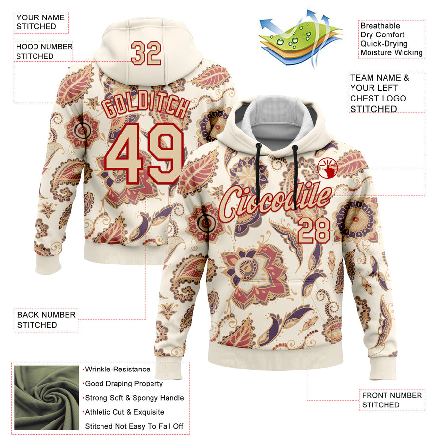 Custom Stitched Cream City Cream-Red 3D Pattern Design Ethnic Paisley Floral Bandana Sports Pullover Sweatshirt Hoodie